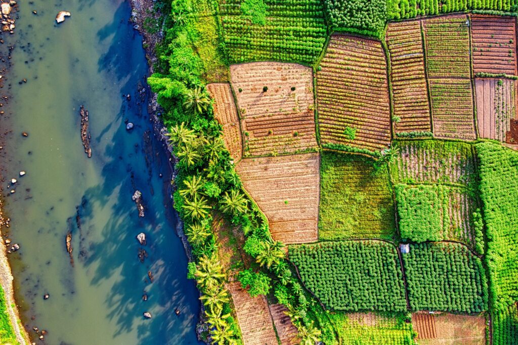 Stunning aerial shot of vibrant farmland and river in West Java, Indonesia.